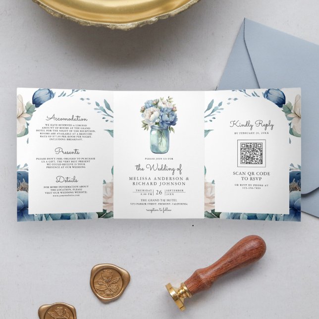 Invitation Trois Volets Pot Mason à code QR de mariage Pivoine Bleu et Bla (Créateur téléchargé)
