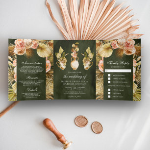 Invitation Trois Volets Pots Floraux Terreux Palmier Sec Vert Olive Mariag