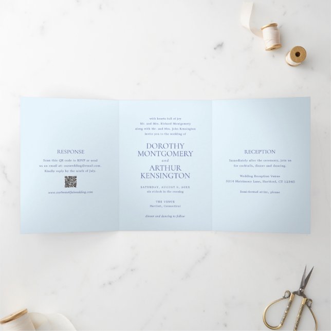Invitation Trois Volets Poudre moderne bleu QR Code élégant mariage (Intérieur)