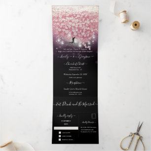 Invitation Trois Volets Poudre violette rose et noir Mariage de feuille de