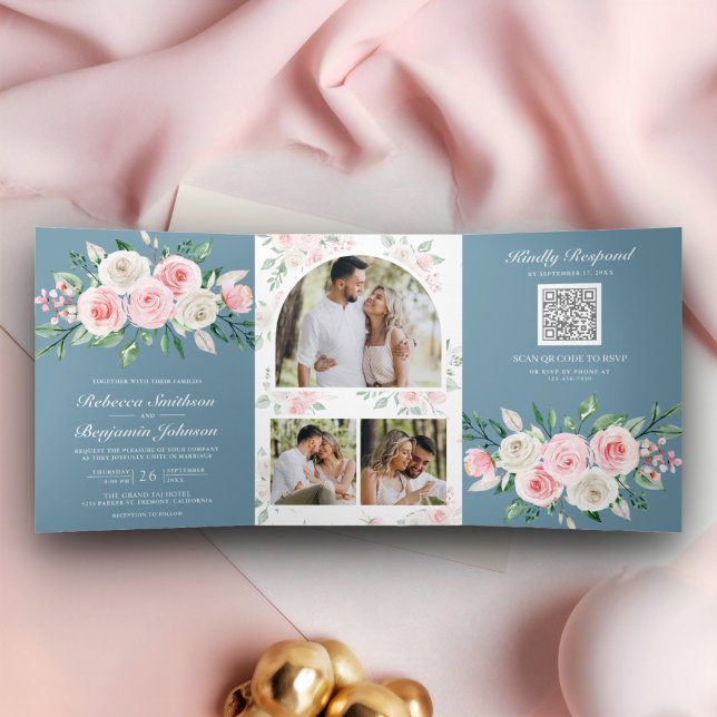 Invitation Trois Volets Poussière de mariage à code QR bleu floral rose ro (Créateur téléchargé)