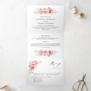 Invitation Trois Volets Pretty rose Aquarelle Peony et Mariage Rose