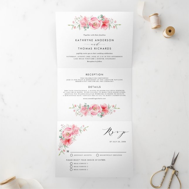 Invitation Trois Volets Pretty rose Aquarelle Peony et Mariage Rose (Intérieur)