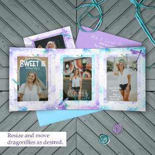 Invitation Trois Volets Purple, Bleu, Aqua Dragonfly Sweet 16 Photo Diffus