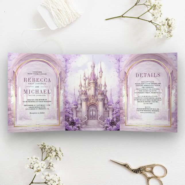 Invitation Trois Volets Purple Floral Fairytale Castle All in One Wedding (Créateur téléchargé)