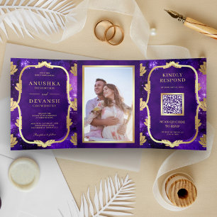 Invitation Trois Volets Purple Galaxy Gold Lotus QR Code Mariage indien