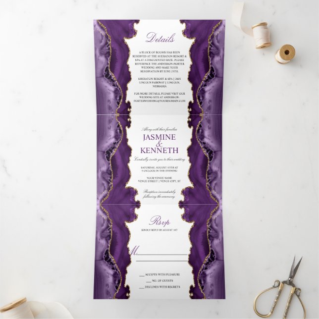 Invitation Trois Volets Purple & Gold Agate sur Mariage blanc (Intérieur)