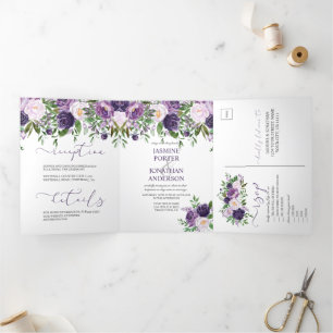 Invitation Trois Volets Purple, Lavande, Mariage Floral Rose Boho  