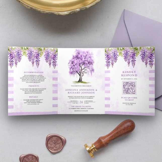 Invitation Trois Volets Purple Wisteria Floral Tree Photo QR Code Mariage (Créateur téléchargé)