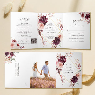 Invitation Trois Volets QR Code Automne Romance Gold Mariage géométrique