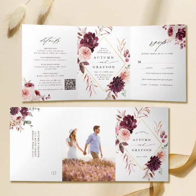Invitation Trois Volets QR Code Automne Romance Gold Mariage géométrique (Inside & Outside)