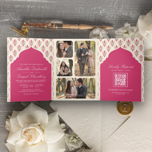 Invitation Trois Volets Rani Crème Rose Ikat Tout en Un Mariage Indien