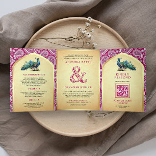Invitation Trois Volets Rani Pink Paisley Indian Peacock Code QR Mariage