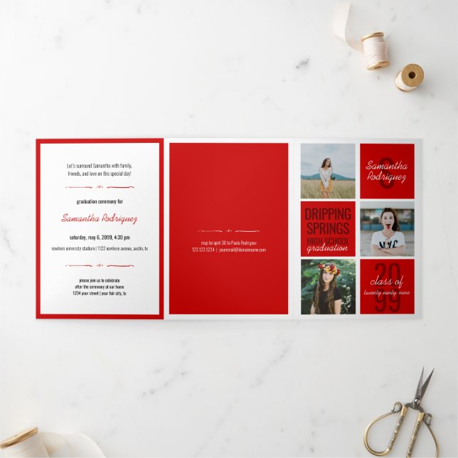 Invitation Trois Volets Red 5-Photo Fun Boxes Graduation (Extérieur)