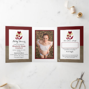 Invitation Trois Volets Red Fox Burlap, Suite Baby shower