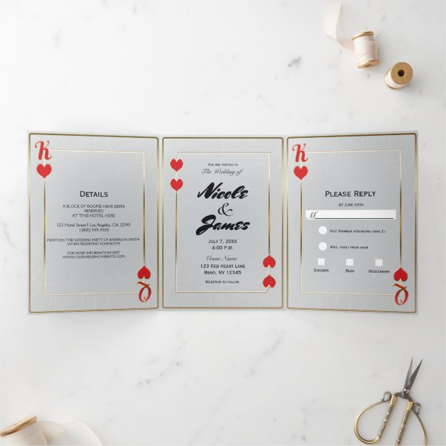 Invitation Trois Volets Red Gold King & Queen of Hearts Casino Mariage Tr (Intérieur)