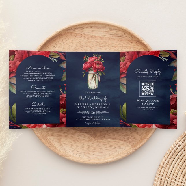 Invitation Trois Volets Red Peony Floral Mason Jar QR Code Marine Mariage (Créateur téléchargé)