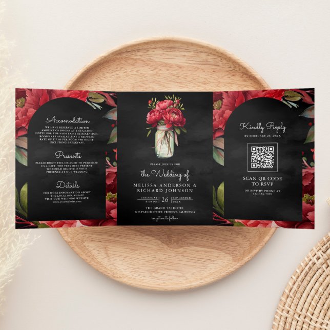 Invitation Trois Volets Red Peony Mason Jar QR Code Mariage de charbon (Créateur téléchargé)