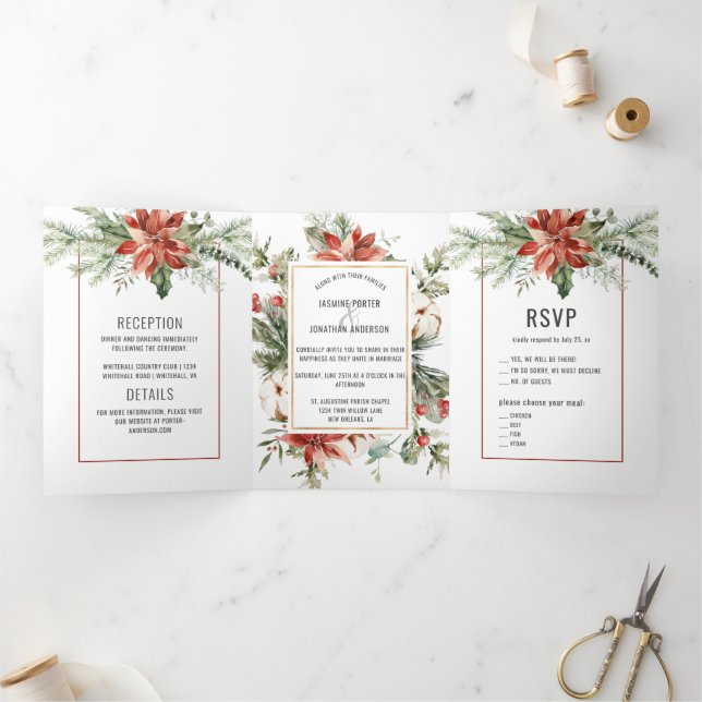 Invitation Trois Volets Red Poinsettia Evergreens Red Berries Mariage (Intérieur)