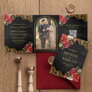 Invitation Trois Volets Red Roses Gold Lace Black QR Code Mariage photo