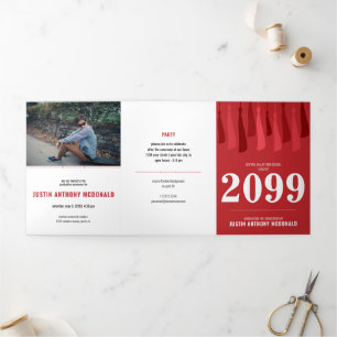 Invitation Trois Volets Red Row of Tassels 3-Photo Graduation