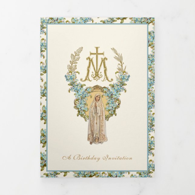 Invitation Trois Volets Religieux Anniversaire Vierge Marie Bleu Floral (Page de couverture)