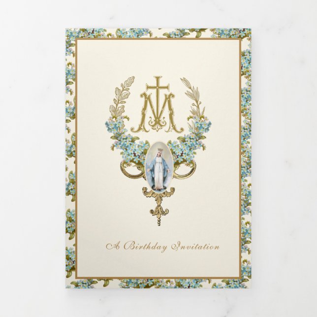 Invitation Trois Volets Religieux Anniversaire Vierge Marie Bleu Floral (Page de couverture)