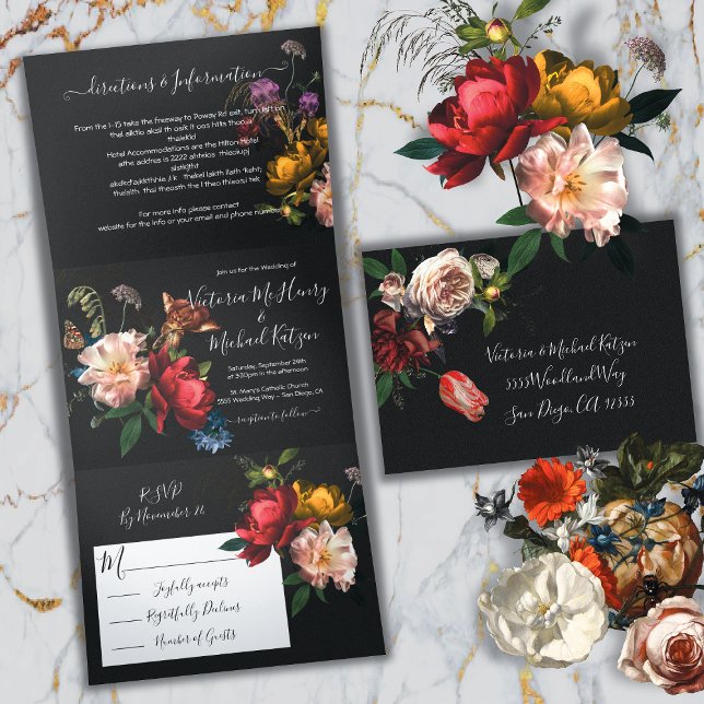 Invitation Trois Volets Rembrandt Floral Dark & Moody Mariage (Créateur téléchargé)
