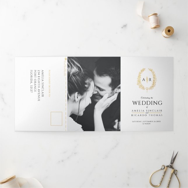 Invitation Trois Volets Repas de mariage noir or blanc monogrammé RSVP (Extérieur)