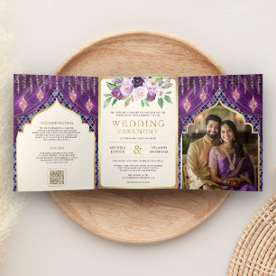 Invitation Trois Volets Rideau floral doré violet Mariage indien hindou