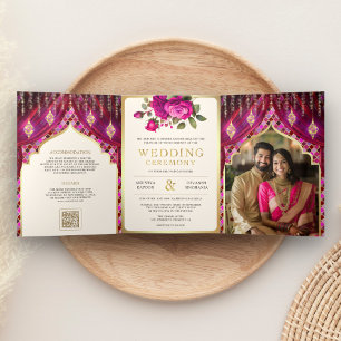 Invitation Trois Volets Rideau floral or Magenta pour mariage indien hindo