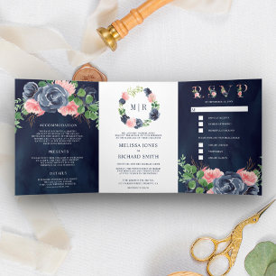 Invitation Trois Volets Robe de mariée une pièce bleu marine et rose poudr