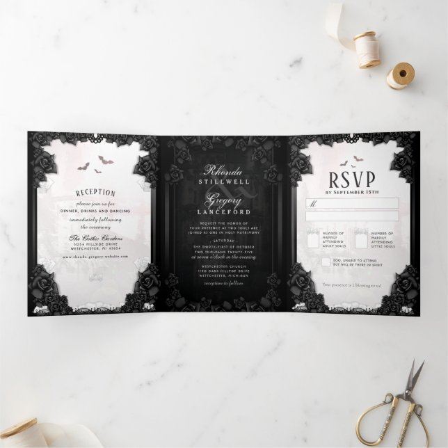 Invitation Trois Volets Romance gothique Halloween noir et blanc (Intérieur)