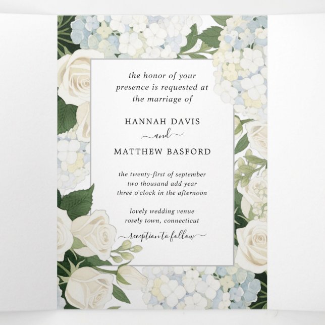 Invitation Trois Volets Romantique Blanc Hydrangea Rose Mariage élégant (Intérieur au milieu)