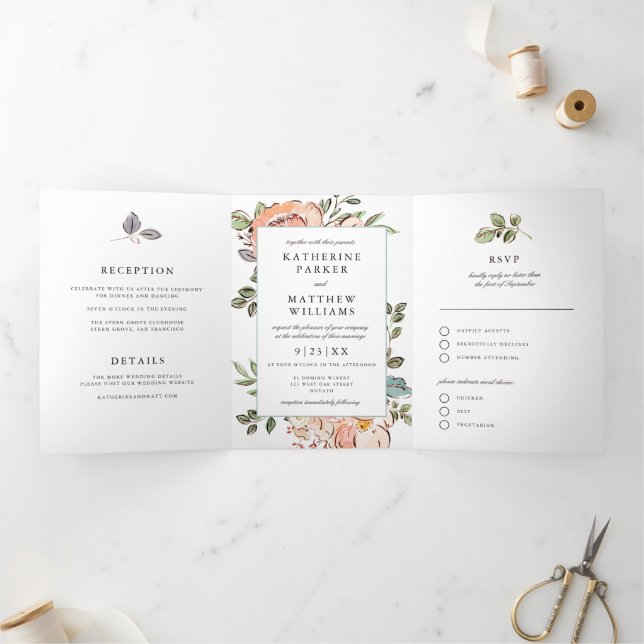 Invitation Trois Volets Romantique Sketchbook Florals Tout-En-Un Mariage (Intérieur)