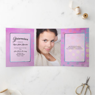 Invitation Trois Volets Rose avec Confetti et photo personnalisée Quinceañ