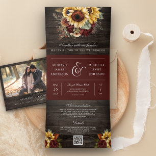 Invitation Trois Volets Rose Bourgogne Sunflowers Wood QR Code Mariage