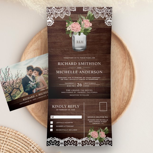 Invitation Trois Volets Rose en Poussière de Bois Rustique dans un Pot Mas (Créateur téléchargé)
