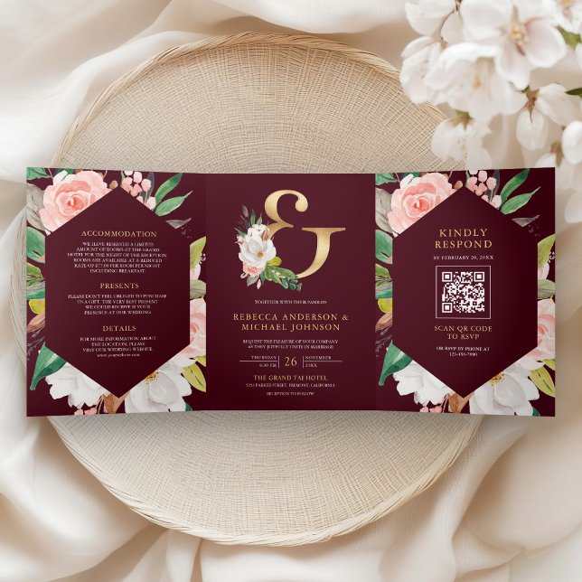 Invitation Trois Volets Rose Floral Esperluette Code QR Mariage Bourgogne (Créateur téléchargé)