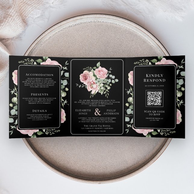 Invitation Trois Volets Rose Floral Eucalyptus Noir Code QR Mariage (Créateur téléchargé)