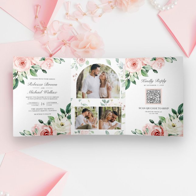 Invitation Trois Volets Rose Floral Mariage Code QR Tout en Un (Créateur téléchargé)