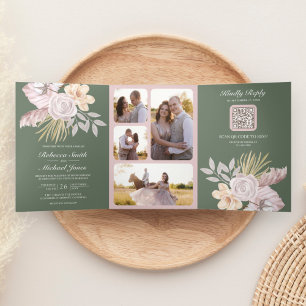 Invitation Trois Volets Rose Florale Verte Sage Rustique Code QR Mariage