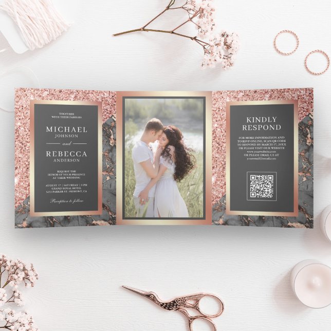 Invitation Trois Volets Rose Gold Ardoise Grise Marbre Code QR Mariage (Créateur téléchargé)