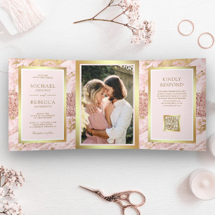 Invitation Trois Volets Rose Gold Blush Mariage Code QR Photo Marbre