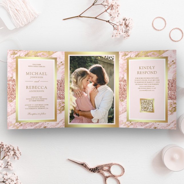 Invitation Trois Volets Rose Gold Blush Mariage Code QR Photo Marbre  (Créateur téléchargé)