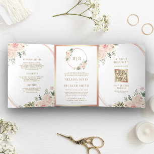 Invitation Trois Volets Rose Gold Blush rose Floral QR Code Mariage