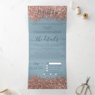 Invitation Trois Volets Rose Gold Dusty Blue Parties scintillant registre