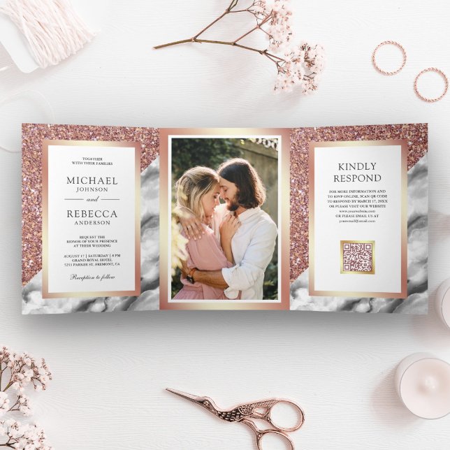 Invitation Trois Volets Rose Gold Gris Marbre Photo Code QR Mariage (Créateur téléchargé)