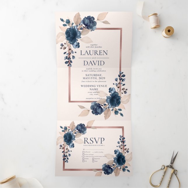 Invitation Trois Volets Rose Gold Navy Blue Dusty rose Floral Mariage (Intérieur)