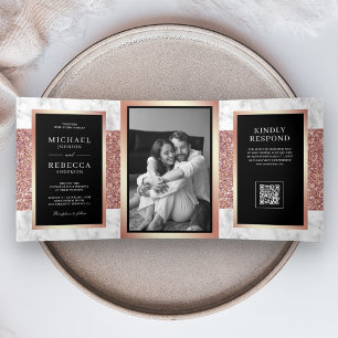 Invitation Trois Volets Rose Gold Noir Code QR Mariage en Marbre Blanc